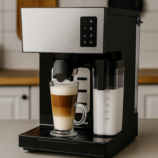 Helautomatisk Kaffemaskin med Mjölkskummare – 2 Filter, Latte & Espresso – Rostfritt Stål – 20 Bar