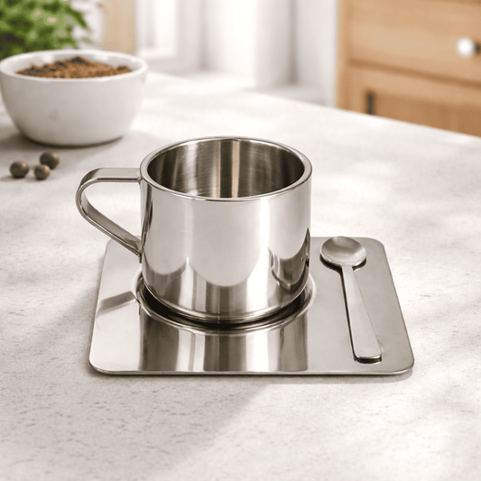 Kaffekopp i rostfritt stål med fat – Modern kaffemugg 170 ml