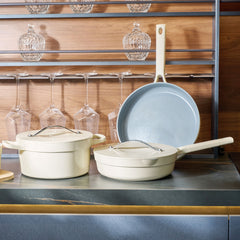 Keramiska Non Stick Grytset – 3 Delar Blå | Induktionsvänliga Grytor & Stekpannor med Lock"