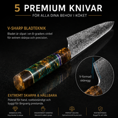 Knivset 5 Delar i Rostfritt Stål – Professionella Köksknivar med Ergonomiskt Handtag | Kockkniv, Santoku, Brödkniv & Nakiri