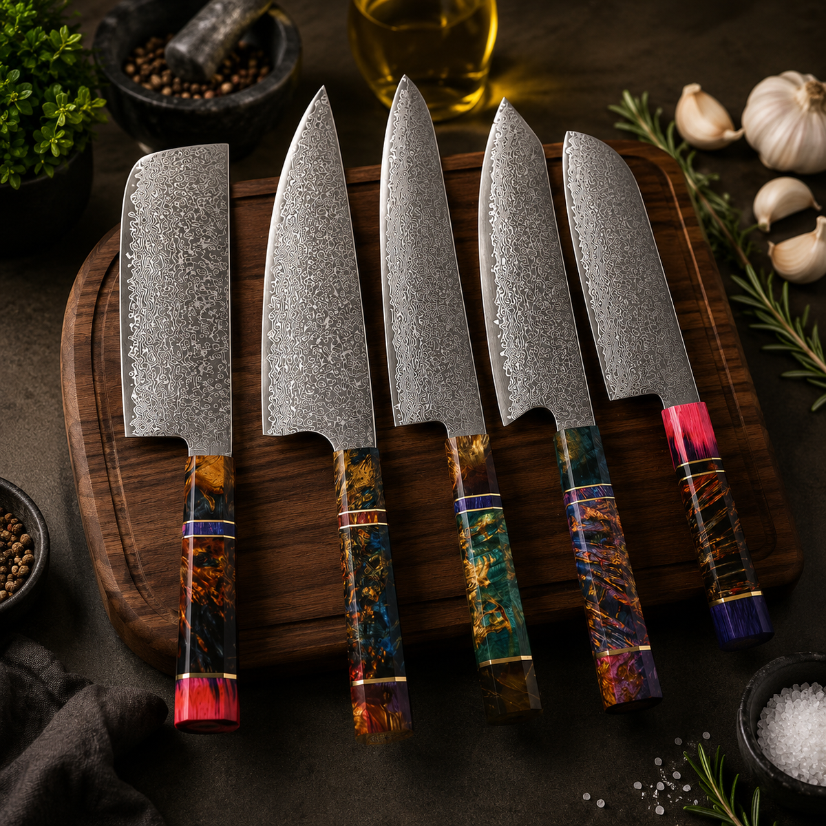 Knivset 5 Delar i Rostfritt Stål – Professionella Köksknivar med Ergonomiskt Handtag | Kockkniv, Santoku, Brödkniv & Nakiri