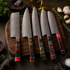 Knivset 5 Delar i Rostfritt Stål – Professionella Köksknivar med Ergonomiskt Handtag | Kockkniv, Santoku, Brödkniv & Nakiri