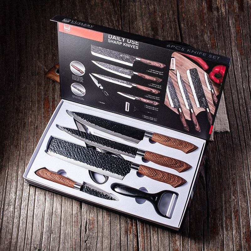 Knivset i rostfritt stål – 6 delar professionellt köksknivar set med trähandtag & non-stick beläggning
