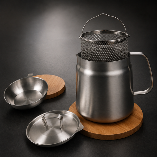 Oljefilter i Rostfritt Stål 2L – Friteringskanna med Filter, Lock & Handtag