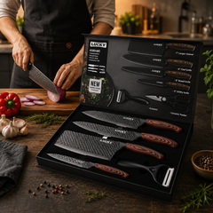 Professionellt Knivset med Kockkniv, Japanska Köksknivar & Kökssax – Rostfritt Stål med Ergonomiskt Trähandtag (6 Delar)