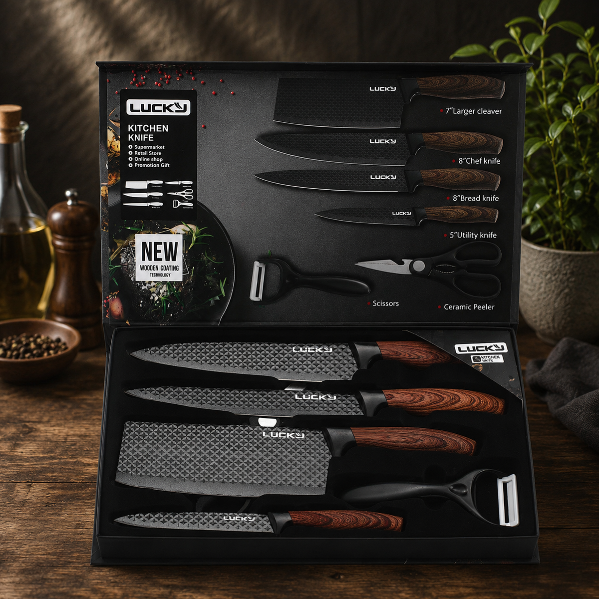 Professionellt Knivset med Kockkniv, Japanska Köksknivar & Kökssax – Rostfritt Stål med Ergonomiskt Trähandtag (6 Delar)