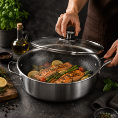 Rostfri Stekpanna & Gryta Med Lock – Honeycomb Non-Stick Kastrull För Induktion & Alla Spisar
