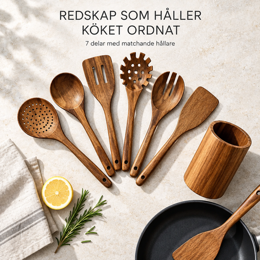 Trä Köksredskap Set i Akaciaträ – 7 Delar för Non-Stick Pannor & Matlagning