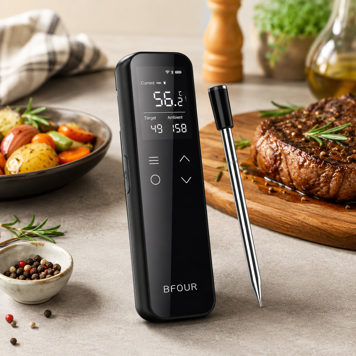 Trådlös Grilltermometer WiFi & Bluetooth – Digital Stektermometer med App, IP67 Vattentät Köttermometer för Grill, BBQ, Ugn & Rök