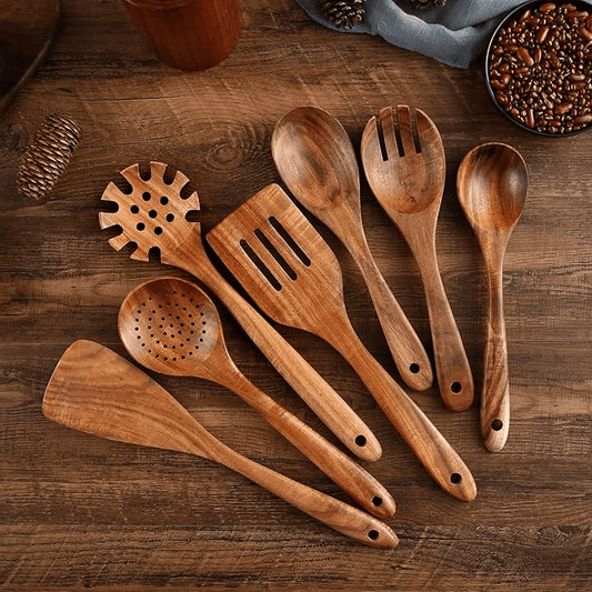 Trä Köksredskap Set i Akaciaträ – 7 Delar för Non-Stick Pannor & Matlagning