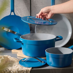 Keramiska Non Stick Grytset – 3 Delar Blå | Induktionsvänliga Grytor & Stekpannor med Lock"