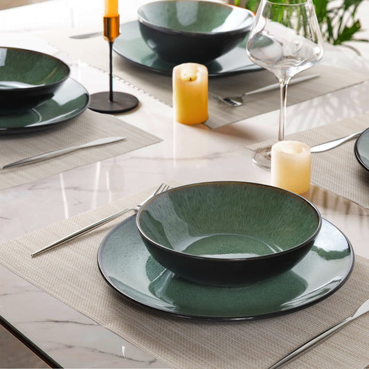 6-pack Keramik Middagstallrikar – Grön Djup Tallrik med Reactive Glaze, Ø26 cm – Pastatallrik & Servis
