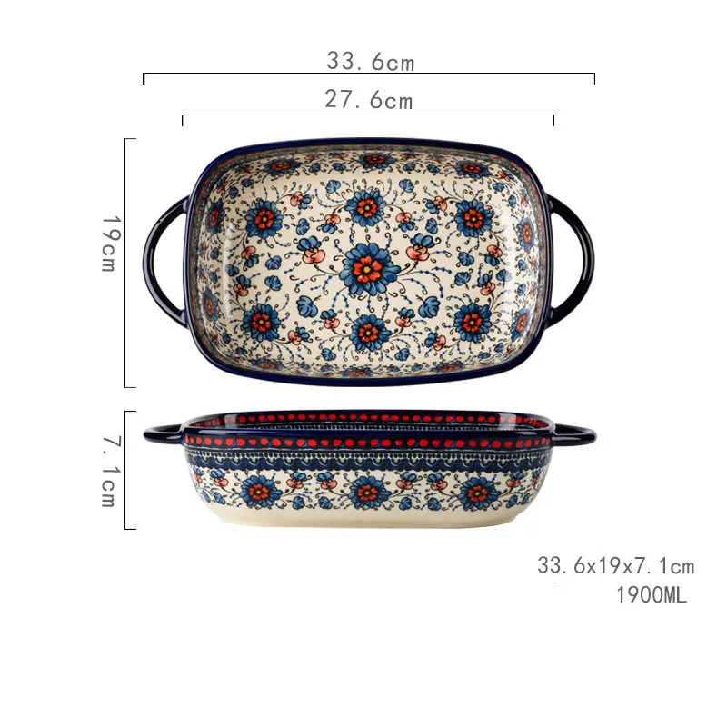 Färgglad serveringsform i keramik – Ugnsform med handtag och blommönster – Tål ugn, diskmaskin och micro