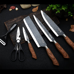 Knivset i rostfritt stål – 6 delar professionellt köksknivar set med trähandtag & non-stick beläggning
