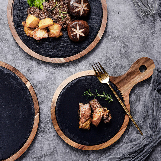 Rustik Serveringsbricka i Trä och Skiffer – Rund Bricka med Handtag för Ost, Tapas & Charkuterier